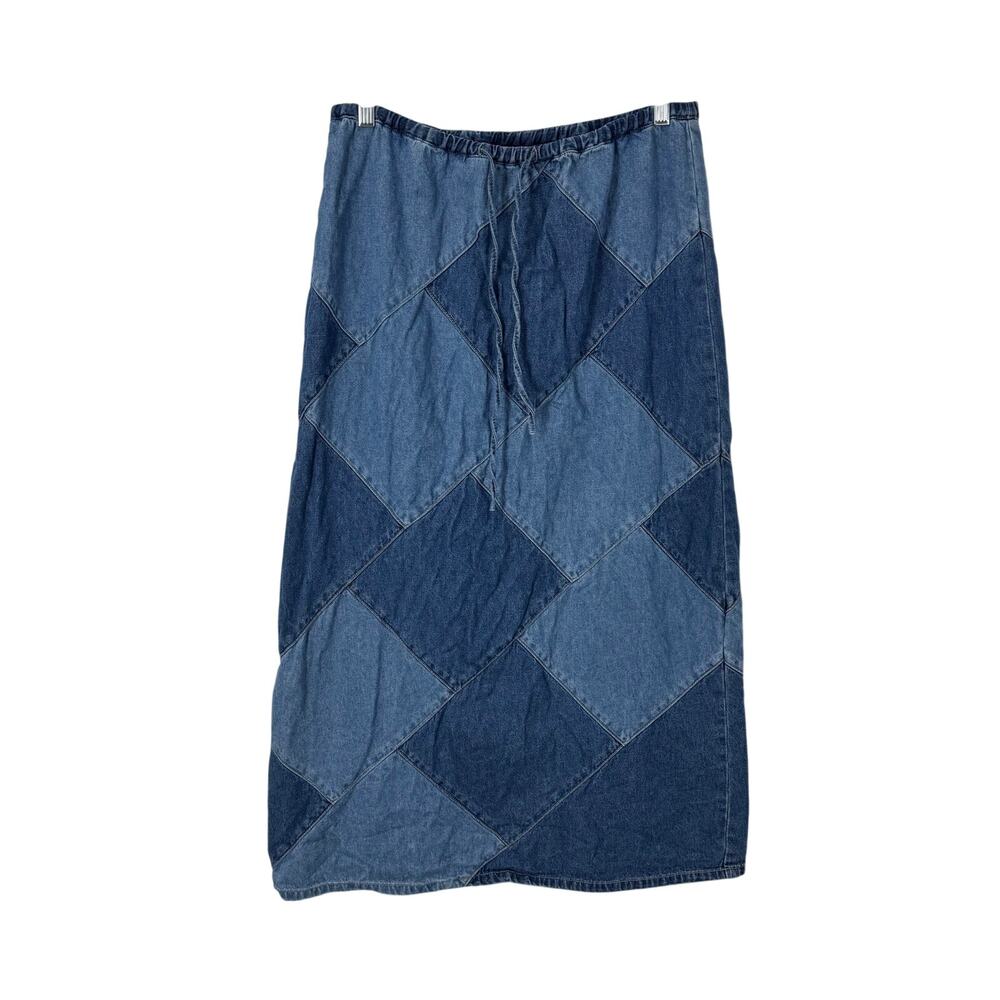 VTG Denim & Co Patchwork Denim Midi Maxi Skirt S Blue Western Boho Indie Prairie